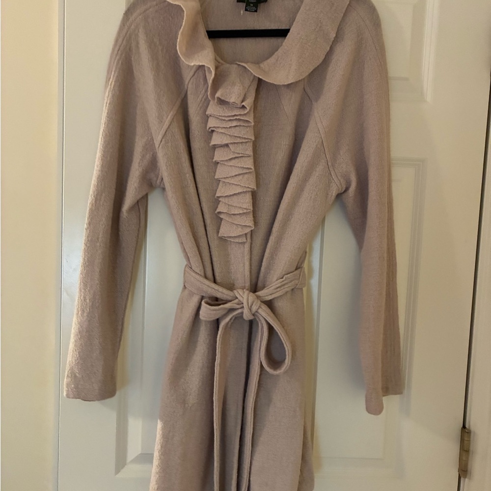 Cynthia Rowley Soft Taupe 💯% Wool Ruffled Long Cardigan Sweater Coat